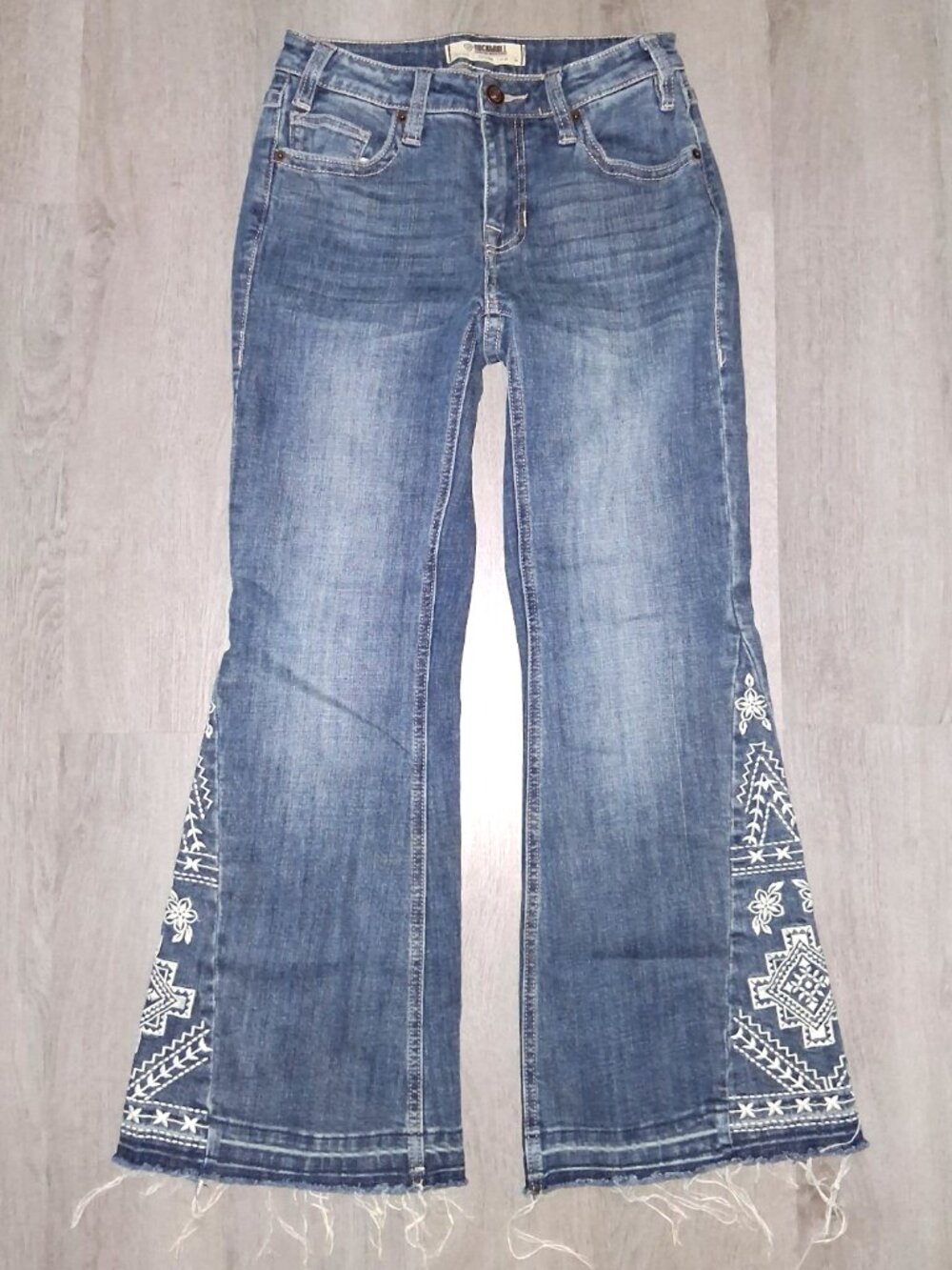 Rock & Roll Denim High Rise Trouser Distressed Flared Jeans W25 L30 Embroidered